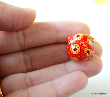 10 x Wood Drum Beads/ Spacers Painted Red Wheel Design 17mm x 16mm